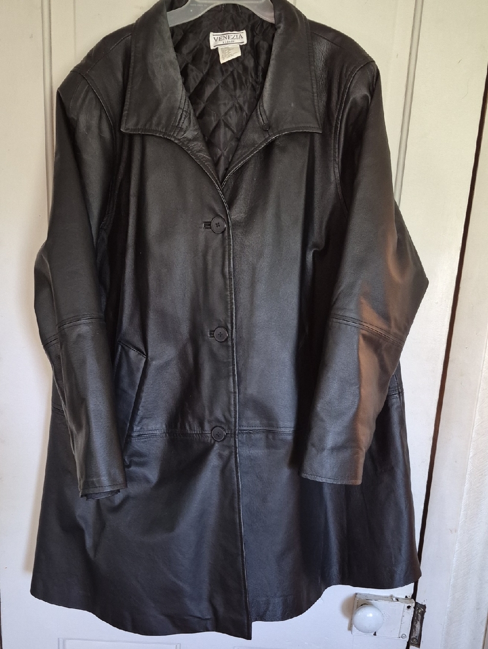 Venezia Black Longline Leather Button Coat